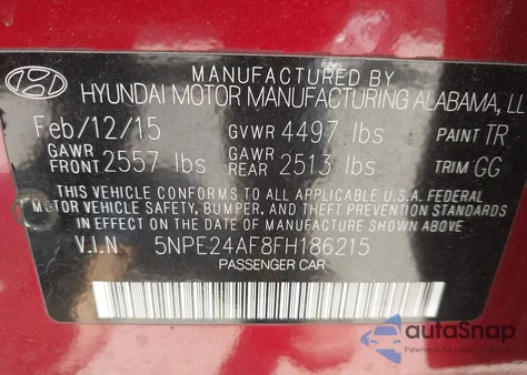 2015 Hyundai Sonata Se from USA, damaged, VIN 5NPE24AF8FH186215